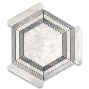 Carrara White Marble 5 inch Hexagon Georama Geometric Mosaic Tile w/ Bardiglio Gray Strips Honed