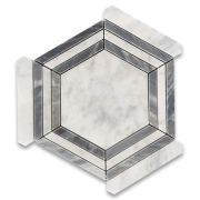 Carrara White Marble 5 inch Hexagon Georama Geometric Mosaic Tile w/ Bardiglio Gray Strips Polished