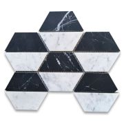 Carrara White Marble 4.5 inch Trapezoid Split Hexagon Mosaic Tile w/ Nero Marquina Black Honed