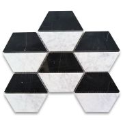 Carrara White Marble 4.5 inch Trapezoid Split Hexagon Mosaic Tile w/ Nero Marquina Black Polished