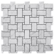 Carrara White 1x2 Basketweave Mosaic Tile w/ Carrara White Dots Honed