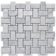 Carrara White 1x2 Basketweave Mosaic Tile w/ Carrara White Dots Polished