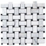Carrara White 1x2 Basketweave Mosaic Tile w/ Black Dots Polished