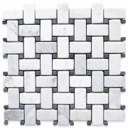 Carrara White 1x2 Basketweave Mosaic Tile w/ Black Dots Tumbled