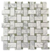 Carrara White 1x2 Basketweave Mosaic Tile w/ Green Dots Honed