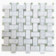 Carrara White 1x2 Basketweave Mosaic Tile w/ Green Dots Polished