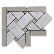 Carrara White 4x4 Basketweave Mosaic Corner w/ Gray Dots Polished