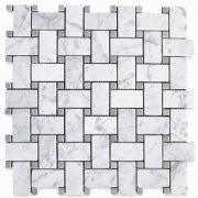 Carrara White 1x2 Basketweave Mosaic Tile w/ Gray Dots Honed