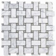 Carrara White 1x2 Basketweave Mosaic Tile w/ Gray Dots Honed