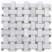 Carrara White 1x2 Basketweave Mosaic Tile w/ Emperador Dark Dots Honed