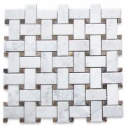 Carrara White 1x2 Basketweave Mosaic Tile w/ Emperador Dark Dots Polished