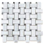 Carrara White 1x2 Basketweave Mosaic Tile w/ Blue Dots Honed