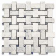 Carrara White 1x2 Basketweave Mosaic Tile w/ Blue Dots Polished