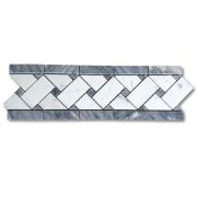 Carrara White Marble 4x12 Basketweave Mosaic Border w/ Dark Gray Dots Polished