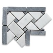 Carrara White Marble 4x4 Basketweave Mosaic Corner w/ Dark Gray Dots Honed