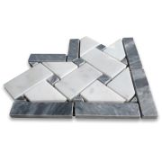 Carrara White Marble 4x4 Basketweave Mosaic Corner w/ Dark Gray Dots Polished