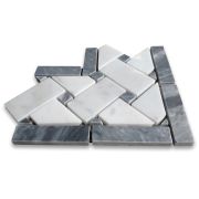 Carrara White Marble 4x4 Basketweave Mosaic Corner w/ Dark Gray Dots Polished