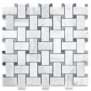 Carrara White 1x2 Basketweave Mosaic Tile w/ Dark Gray Dots Honed