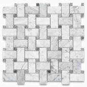 Carrara White 1x2 Basketweave Mosaic Tile w/ Dark Gray Dots Polished