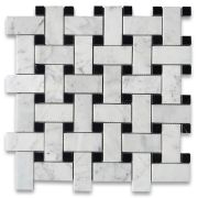 Carrara White Marble Medium Basketweave Mosaic Tile w/ Nero Marquina Black Dots Honed