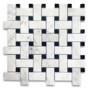 Carrara White Marble Medium Basketweave Mosaic Tile w/ Nero Marquina Black Dots Polished