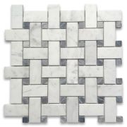 Carrara White Marble Medium Basketweave Mosaic Tile w/ Bardiglio Gray Dots Honed