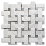 Carrara White Marble Medium Basketweave Mosaic Tile w/ Bardiglio Gray Dots Polished