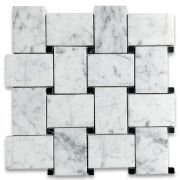 Carrara White Large Basketweave Mosaic Tile w/ Black Dots Honed