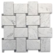 Carrara White Marble Large Basketweave Mosaic Tile w/ Bardiglio Gray Dots Honed