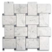 Carrara White Marble Large Basketweave Mosaic Tile w/ Bardiglio Gray Dots Polished