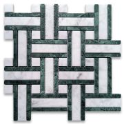 Carrara White Marble 1 inch Twine Basketweave Mosaic Tile w/ Indian Green Honed