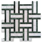 Carrara White Marble 1 inch Twine Basketweave Mosaic Tile w/ Indian Green Polished