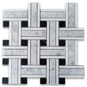 Carrara White Marble 1 inch Twine Basketweave Mosaic Tile w/ Nero Marquina Black Thassos White Honed