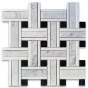 Carrara White Marble 1 inch Twine Basketweave Mosaic Tile w/ Nero Marquina Black Thassos White Polished