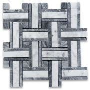 Carrara White Marble 1 inch Twine Basketweave Mosaic Tile w/ Bardiglio Gray Honed