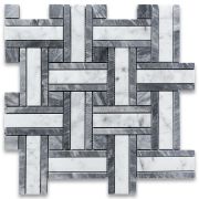 Carrara White Marble 1 inch Twine Basketweave Mosaic Tile w/ Bardiglio Gray Polished