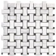 Carrara White 1x2 Dogbone Wicker Weave Mosaic Tile w/ Black Dots Honed
