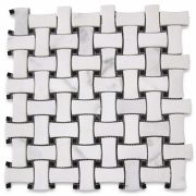 Carrara White 1x2 Dogbone Wicker Weave Mosaic Tile w/ Black Dots Polished