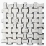 Carrara White Marble 1x2 DogBone Wicker Weave Mosaic Tile w/ Dark Grey Dots Honed