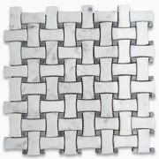 Carrara White Marble 1x2 DogBone Wicker Weave Mosaic Tile w/ Dark Grey Dots Polished