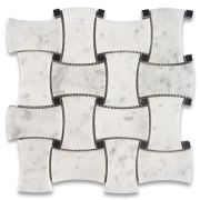 Carrara White Marble Wide Dogbone Wicker Weave Mosaic Tile w/ Nero Marquina Black Dots Polished