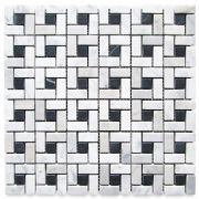 Carrara White Marble Pinwheel Windmill Spiral Target Mosaic Tile w/ Nero Marquina Black Dots Honed