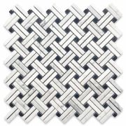 Carrara White Diagonal Basket Weave Stanza Black Dots Marble Mosaic Tile Polished