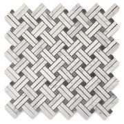 Carrara White Diagonal Basket Weave Stanza Dark Gray Dots Marble Mosaic Tile Honed