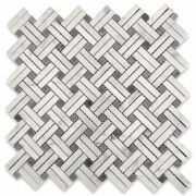 Carrara White Diagonal Basket Weave Stanza Dark Gray Dots Marble Mosaic Tile Polished