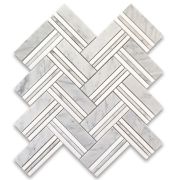 Carrara White 1x4 Herringbone Mosaic Tile w/ Thassos Lines Honed