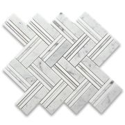 Carrara White 1x4 Herringbone Mosaic Tile w/ Thassos Lines Polished