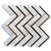 Carrara White Marble 1x4 Herringbone Mosaic Tile w/ Brass Strips Honed