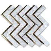 Carrara White Marble 1x4 Herringbone Mosaic Tile w/ Brass Strips Polished