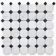 Carrara White 2 inch Octagon Mosaic Tile w/ Black Dots Honed